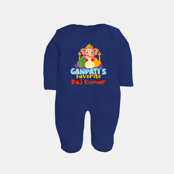 Ganapati's Favorite Sleep Suit / Full Sleeve Body Suit | Custom Baby Sleep Suit / Full Sleeve Body Suit for Ganesha Celebration - NAVY BLUE - New Born (Chest 7.5")