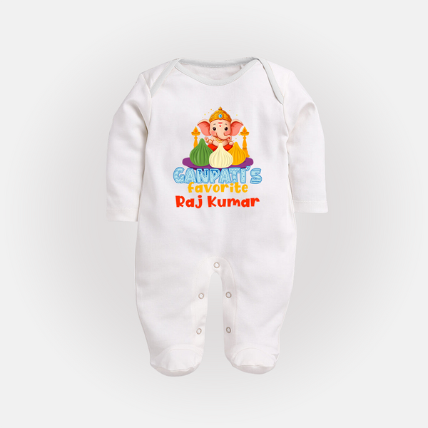 Ganapati's Favorite Sleep Suit / Full Sleeve Body Suit | Custom Baby Sleep Suit / Full Sleeve Body Suit for Ganesha Celebration - WHITE - New Born (Chest 7.5")