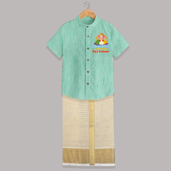 Ganapati's Favorite Shirt and Dhoti | Custom Baby Shirt and Dhoti for Ganesha Celebration - AQUA GREEN - 0 - 6 Months Old (Chest-23") (Dhoti length-14")