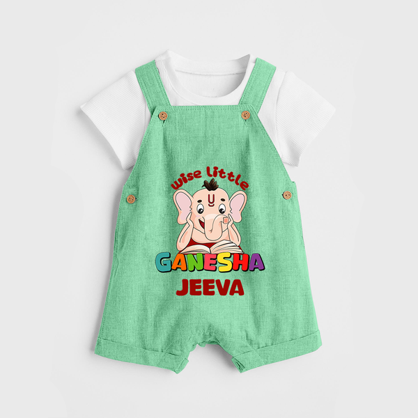 Wise Little Ganesha Dungaree Set | Personalized Baby Dungaree Set for Ganesha Festival - GREEN - 0 - 5 Months Old (Chest 18")