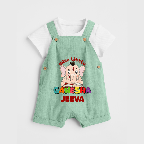 Wise Little Ganesha Dungaree Set | Personalized Baby Dungaree Set for Ganesha Festival - MINT GREEN - 0 - 5 Months Old (Chest 18")