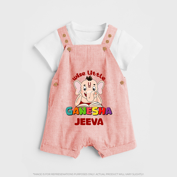 Wise Little Ganesha Dungaree Set | Personalized Baby Dungaree Set for Ganesha Festival - PEACH - 0 - 5 Months Old (Chest 18")