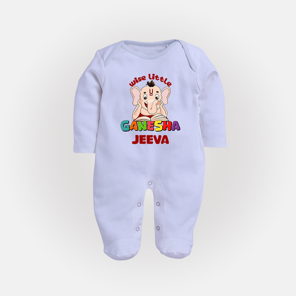 Wise Little Ganesha Sleep Suit / Full Sleeve Body Suit | Personalized Baby Sleep Suit / Full Sleeve Body Suit for Ganesha Festival - BABY BLUE - New Born (Chest 7.5")