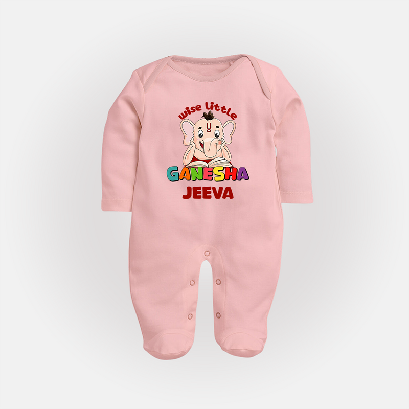 Wise Little Ganesha Sleep Suit / Full Sleeve Body Suit | Personalized Baby Sleep Suit / Full Sleeve Body Suit for Ganesha Festival - BABY PINK - New Born (Chest 7.5")