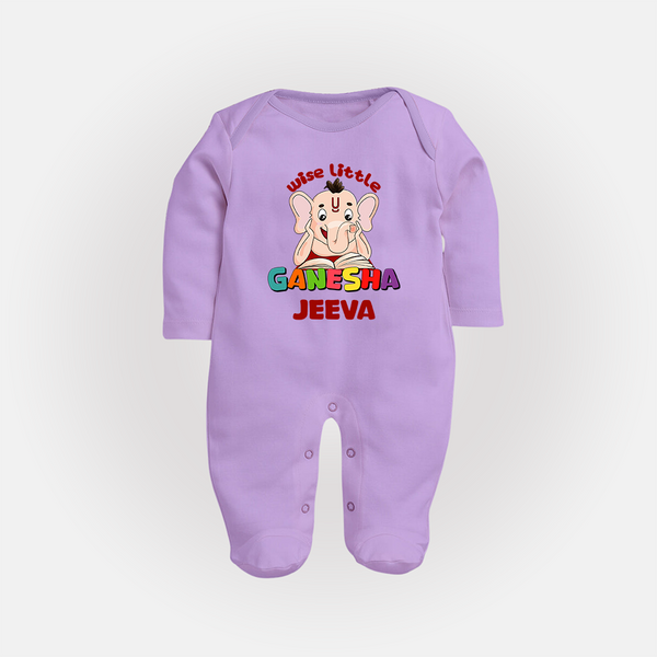 Wise Little Ganesha Sleep Suit / Full Sleeve Body Suit | Personalized Baby Sleep Suit / Full Sleeve Body Suit for Ganesha Festival - LILAC - New Born (Chest 7.5")