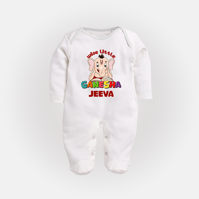 Wise Little Ganesha Sleep Suit / Full Sleeve Body Suit | Personalized Baby Sleep Suit / Full Sleeve Body Suit for Ganesha Festival - WHITE - New Born (Chest 7.5")