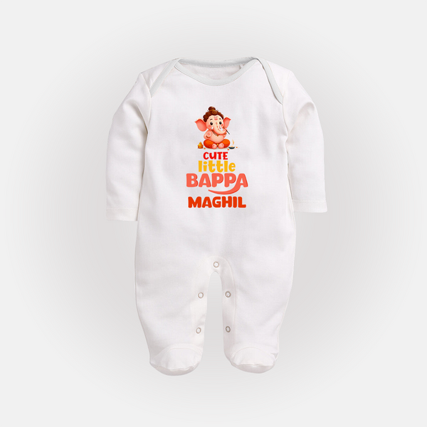 Cute Little Bappa Sleep Suit / Full Sleeve Body Suit | Custom Baby Sleep Suit / Full Sleeve Body Suit for Ganesha Devotees - WHITE - New Born (Chest 7.5")