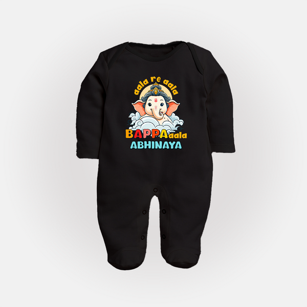 Aala Re Aala Bappa Aala Sleep Suit / Full Sleeve Body Suit | Personalized Baby Sleep Suit / Full Sleeve Body Suit for Ganesha Celebration - BLACK - New Born (Chest 7.5")