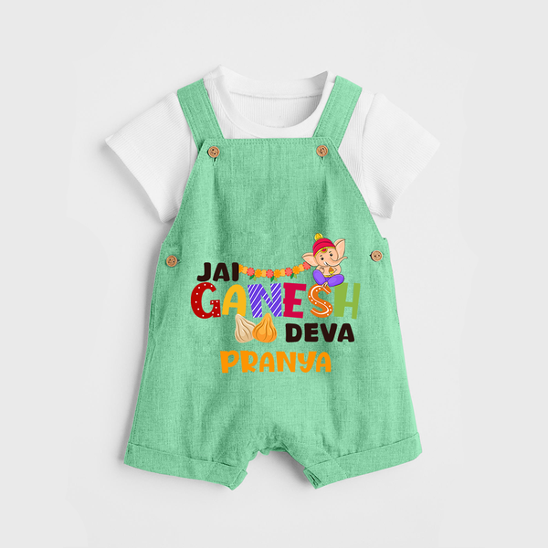 Jai Ganesha Deva Dungaree Set | Custom Baby Dungaree Set for Ganesha Festival - GREEN - 0 - 5 Months Old (Chest 18")