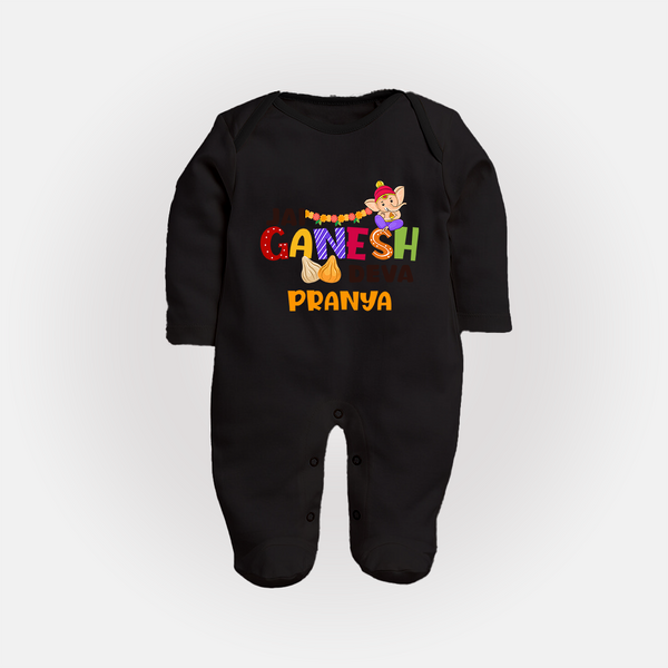 Jai Ganesha Deva Sleep Suit / Full Sleeve Body Suit | Custom Baby Sleep Suit / Full Sleeve Body Suit for Ganesha Festival - BLACK - New Born (Chest 7.5")