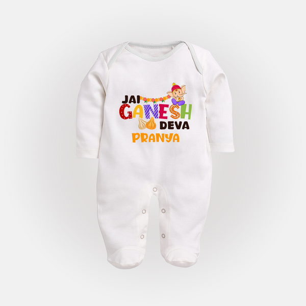 Jai Ganesha Deva Sleep Suit / Full Sleeve Body Suit | Custom Baby Sleep Suit / Full Sleeve Body Suit for Ganesha Festival - WHITE - New Born (Chest 7.5")