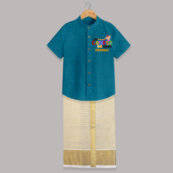 Jai Ganesha Deva Shirt and Dhoti | Custom Baby Shirt and Dhoti for Ganesha Festival - PEACOCK BLUE - 0 - 6 Months Old (Chest-23") (Dhoti length-14")