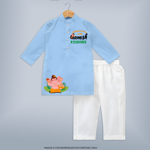 Obstacle Free With Ganesha Kurta Set | Personalized Kurta Set for Ganesha Celebration - BABY BLUE - 3 - 6 Months Old (Chest 24", Kurta Length 14'', Waist 19", Pant Length 14")