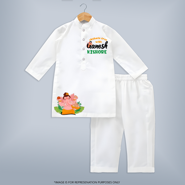 Obstacle Free With Ganesha Kurta Set | Personalized Kurta Set for Ganesha Celebration - WHITE - 3 - 6 Months Old (Chest 24", Kurta Length 14'', Waist 19", Pant Length 14")