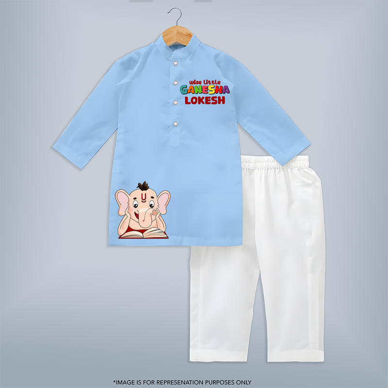 Wise Little Ganesha Kurta Set | Personalized Kurta Set for Ganesha Worship - BABY BLUE - 3 - 6 Months Old (Chest 24", Kurta Length 14'', Waist 19", Pant Length 14")