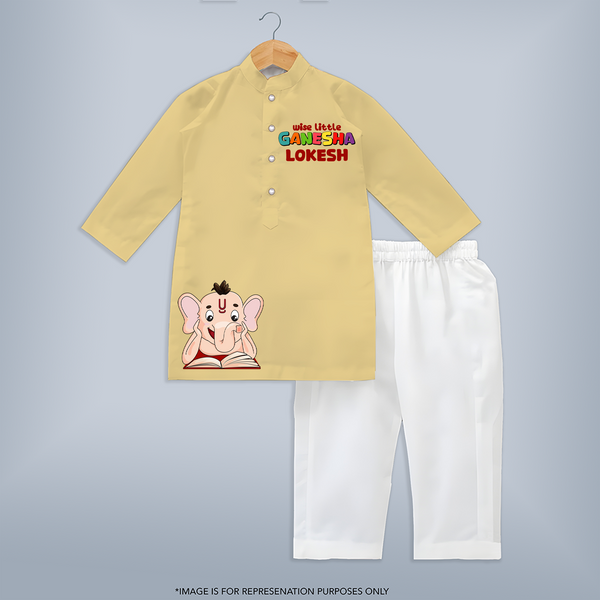 Wise Little Ganesha Kurta Set | Personalized Kurta Set for Ganesha Worship - PASTEL YELLOW - 3 - 6 Months Old (Chest 24", Kurta Length 14'', Waist 19", Pant Length 14")