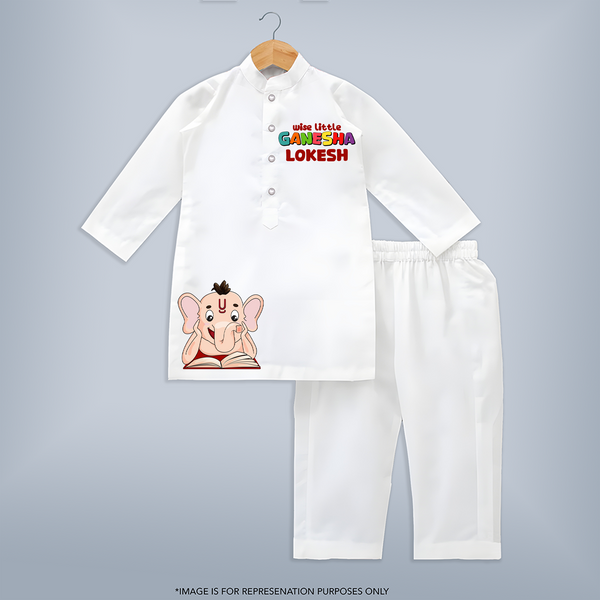 Wise Little Ganesha Kurta Set | Personalized Kurta Set for Ganesha Worship - WHITE - 3 - 6 Months Old (Chest 24", Kurta Length 14'', Waist 19", Pant Length 14")