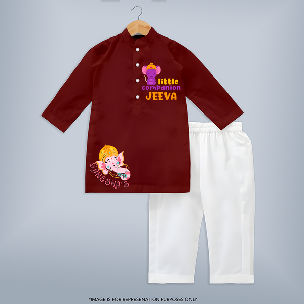 Little Companion Kurta Set | Personalized Kurta Set for Ganesha Devotees - MAROON - 3 - 6 Months Old (Chest 24", Kurta Length 14'', Waist 19", Pant Length 14")