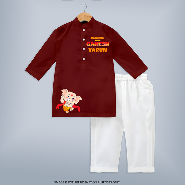 Dancing With Ganesha Kurta Set | Custom Kurta Set for Ganesha Celebration - MAROON - 3 - 6 Months Old (Chest 24", Kurta Length 14'', Waist 19", Pant Length 14")