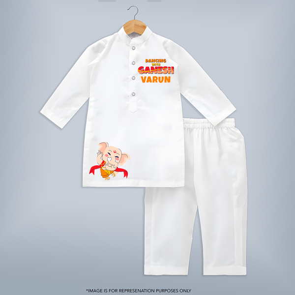 Dancing With Ganesha Kurta Set | Custom Kurta Set for Ganesha Celebration - WHITE - 3 - 6 Months Old (Chest 24", Kurta Length 14'', Waist 19", Pant Length 14")
