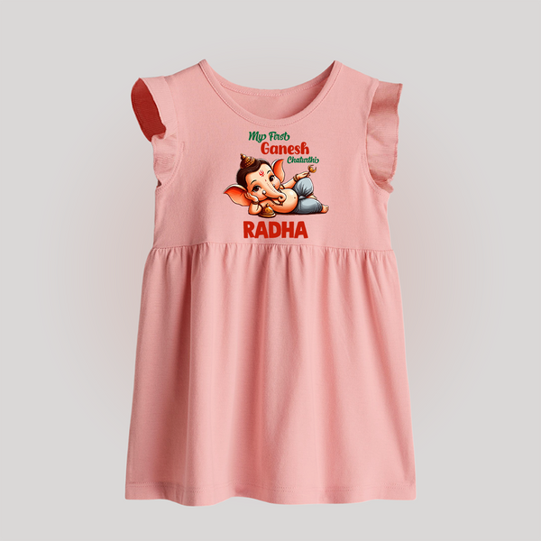 My First Ganesh Chaturthi Baby Frock | Personalized Baby Frock for Ganesh Festival - BABY PINK - 0 - 3 Months Old (Chest 17")
