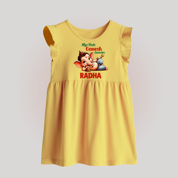 My First Ganesh Chaturthi Baby Frock | Personalized Baby Frock for Ganesh Festival - PASTEL YELLOW - 0 - 3 Months Old (Chest 17")