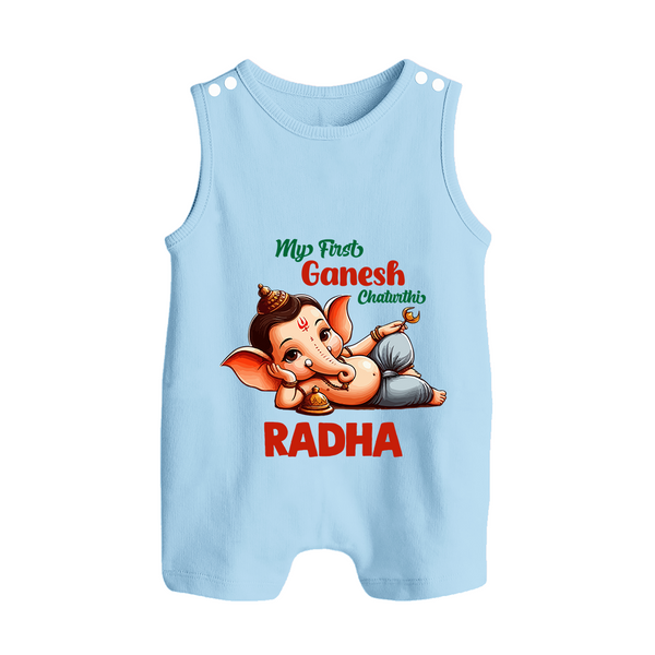 My First Ganesh Chaturthi Romper Suit / Sleeveless Romper | Personalized Baby Romper Suit / Sleeveless Romper for Ganesh Festival - BABY BLUE - 0 - 5 Months Old (Chest 18")
