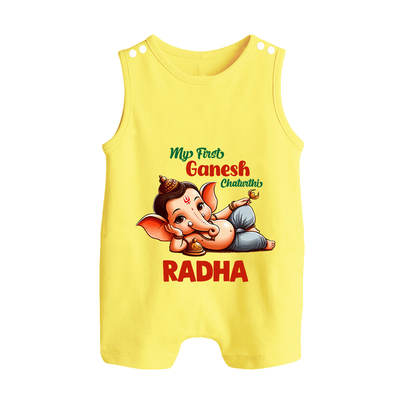 My First Ganesh Chaturthi Romper Suit / Sleeveless Romper | Personalized Baby Romper Suit / Sleeveless Romper for Ganesh Festival - PASTEL YELLOW - 0 - 5 Months Old (Chest 18")