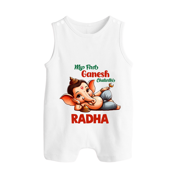 My First Ganesh Chaturthi Romper Suit / Sleeveless Romper | Personalized Baby Romper Suit / Sleeveless Romper for Ganesh Festival - WHITE - 0 - 5 Months Old (Chest 18")