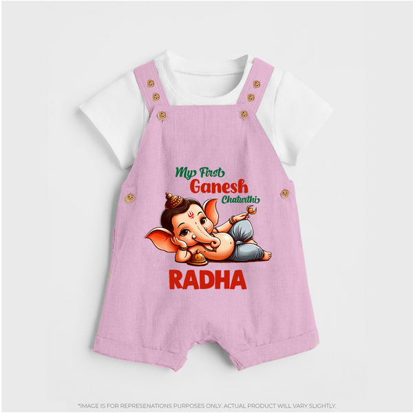 My First Ganesh Chaturthi Dungaree Set | Personalized Baby Dungaree Set for Ganesh Festival - BABY PINK - 0 - 5 Months Old (Chest 18")