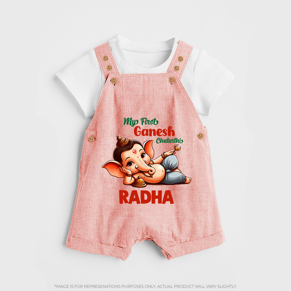 My First Ganesh Chaturthi Dungaree Set | Personalized Baby Dungaree Set for Ganesh Festival - PEACH - 0 - 5 Months Old (Chest 18")