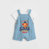 Blessed On Ganesh Chaturthi - Ganesha Blessings Customized Dungaree Set For Kids - SKY BLUE - 0 - 5 Months Old (Chest 18")