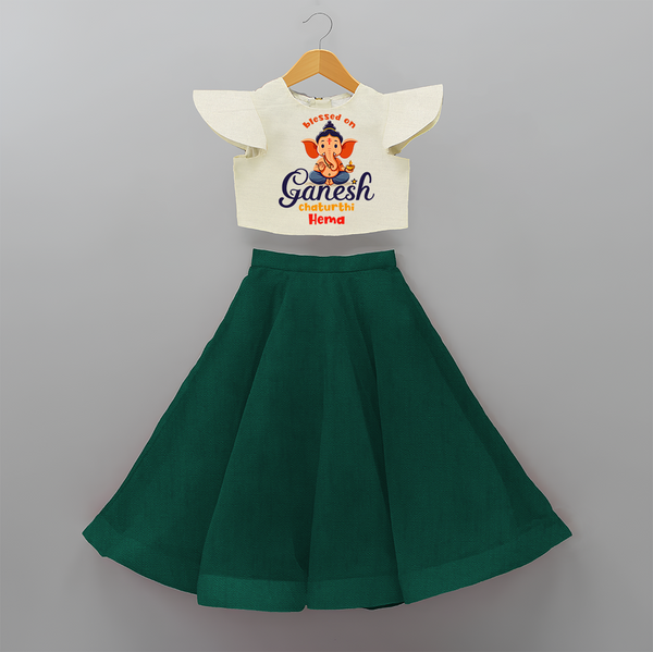 Blessed On Ganesh Chaturthi - Ganesha Blessings Customized Crop Top And Skirt For Kids - BOTTLE GREEN - 6 - 9 Months Old (Chest 20" , Frock Waist 20")