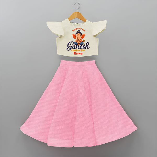 Blessed On Ganesh Chaturthi - Ganesha Blessings Customized Crop Top And Skirt For Kids - PINK - 6 - 9 Months Old (Chest 20" , Frock Waist 20")