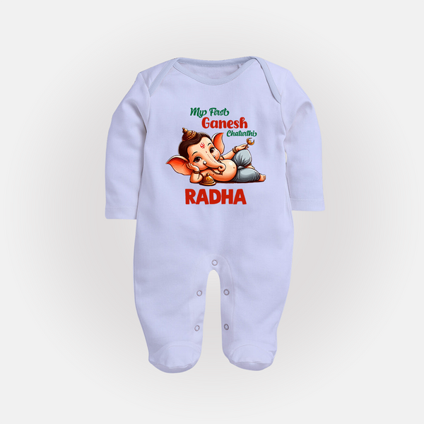 My First Ganesh Chaturthi Sleep Suit / Full Sleeve Body Suit | Personalized Baby Sleep Suit / Full Sleeve Body Suit for Ganesh Festival - BABY BLUE - New Born (Chest 7.5")