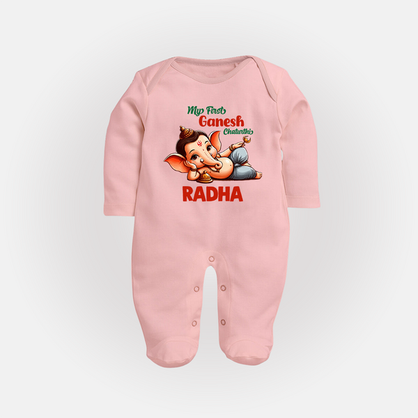 My First Ganesh Chaturthi Sleep Suit / Full Sleeve Body Suit | Personalized Baby Sleep Suit / Full Sleeve Body Suit for Ganesh Festival - BABY PINK - New Born (Chest 7.5")