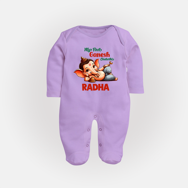 My First Ganesh Chaturthi Sleep Suit / Full Sleeve Body Suit | Personalized Baby Sleep Suit / Full Sleeve Body Suit for Ganesh Festival - LILAC - New Born (Chest 7.5")