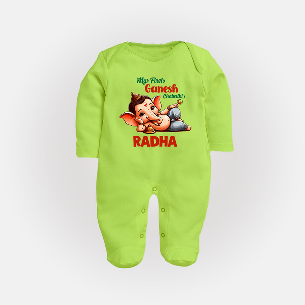 My First Ganesh Chaturthi Sleep Suit / Full Sleeve Body Suit | Personalized Baby Sleep Suit / Full Sleeve Body Suit for Ganesh Festival - LIME GREEN - New Born (Chest 7.5")