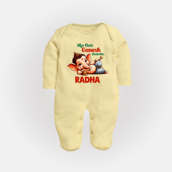My First Ganesh Chaturthi Sleep Suit / Full Sleeve Body Suit | Personalized Baby Sleep Suit / Full Sleeve Body Suit for Ganesh Festival - PASTEL YELLOW - New Born (Chest 7.5")