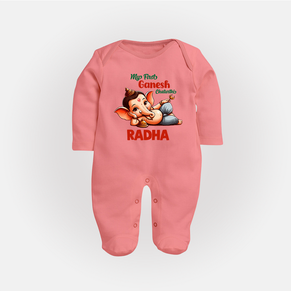 My First Ganesh Chaturthi Sleep Suit / Full Sleeve Body Suit | Personalized Baby Sleep Suit / Full Sleeve Body Suit for Ganesh Festival - PEACH - New Born (Chest 7.5")