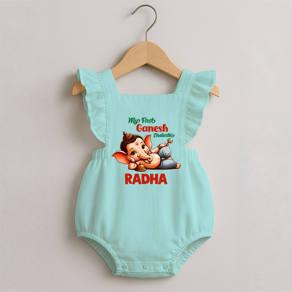 My First Ganesh Chaturthi Romper Frock | Personalized Baby Romper Frock for Ganesh Festival - MINT GREEN - 0 - 3 Months Old (Chest 19")