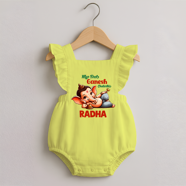 My First Ganesh Chaturthi Romper Frock | Personalized Baby Romper Frock for Ganesh Festival - PASTEL YELLOW - 0 - 3 Months Old (Chest 19")