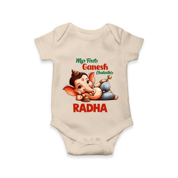 My First Ganesh Chaturthi Romper / Onesie | Personalized Baby Romper / Onesie for Ganesh Festival - IVORY - New Born (Chest 14")
