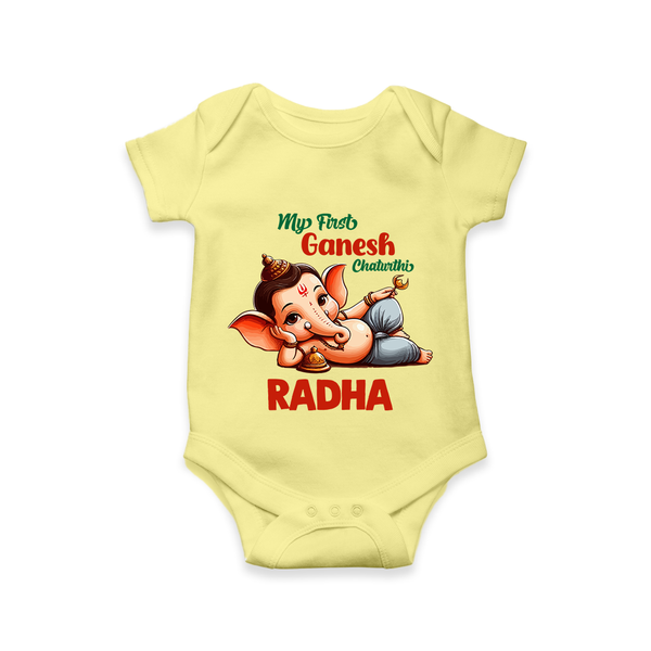 My First Ganesh Chaturthi Romper / Onesie | Personalized Baby Romper / Onesie for Ganesh Festival - PASTEL YELLOW - New Born (Chest 14")