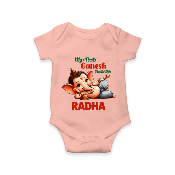My First Ganesh Chaturthi Romper / Onesie | Personalized Baby Romper / Onesie for Ganesh Festival - PEACH - New Born (Chest 14")