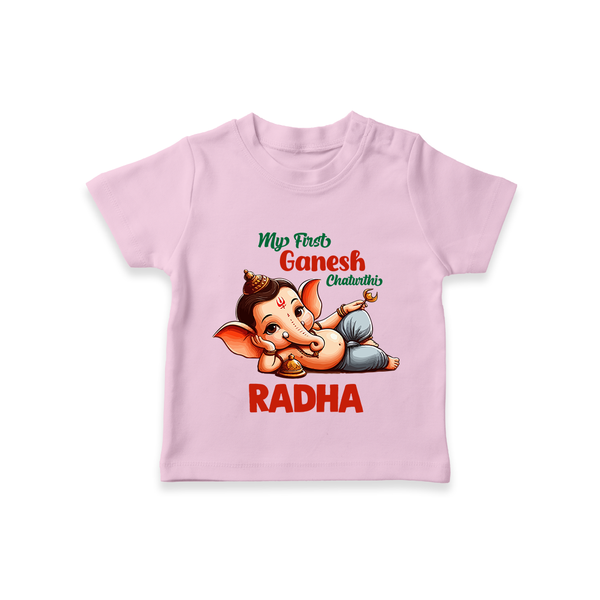 My First Ganesh Chaturthi T-Shirt | Personalized Baby T-Shirt for Ganesh Festival - BABY PINK - 0-5 Months Old (Chest 17")