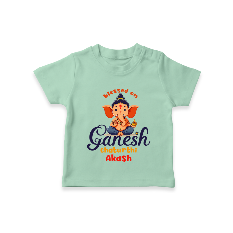 Blessed On Ganesh Chaturthi - Ganesha Blessings Customized TShirt For Kids - MINT GREEN - 0-5 Months Old (Chest 17")