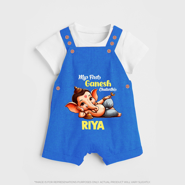 My First Ganesh Chaturthi Dungaree Set | Personalized Baby Dungaree Set for Ganesh Festival - COBALT BLUE - 0 - 5 Months Old (Chest 18")
