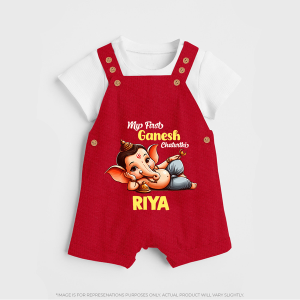 My First Ganesh Chaturthi Dungaree Set | Personalized Baby Dungaree Set for Ganesh Festival - RED - 0 - 5 Months Old (Chest 18")
