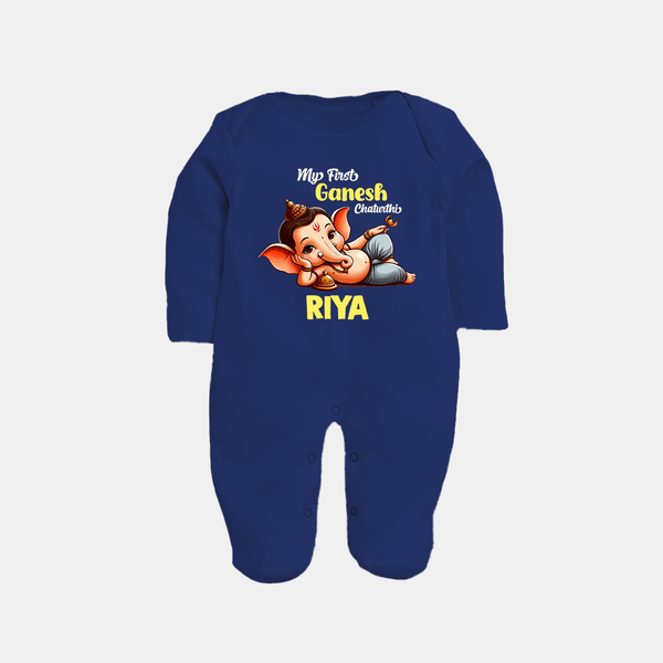 My First Ganesh Chaturthi Sleep Suit / Full Sleeve Body Suit | Personalized Baby Sleep Suit / Full Sleeve Body Suit for Ganesh Festival - NAVY BLUE - New Born (Chest 7.5")